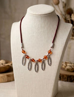Silver Oval Frame Fringe Amber Glass Bead Necklace
