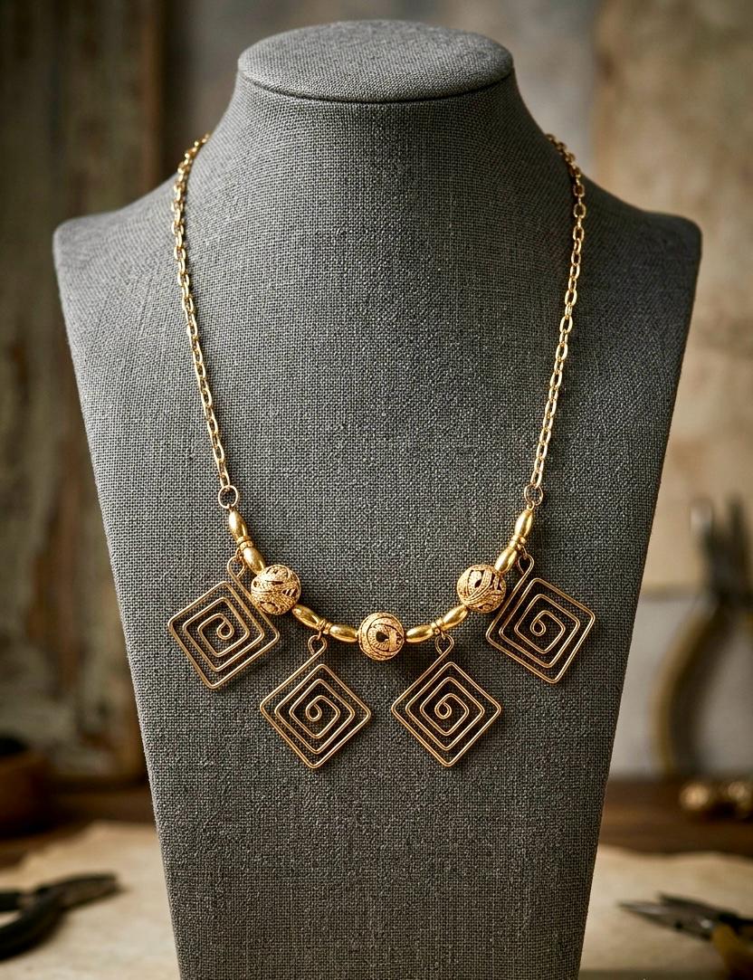 Square maze-motif pendants in antique gold, a tribal metalwork pattern found from West Africa to the Deccan