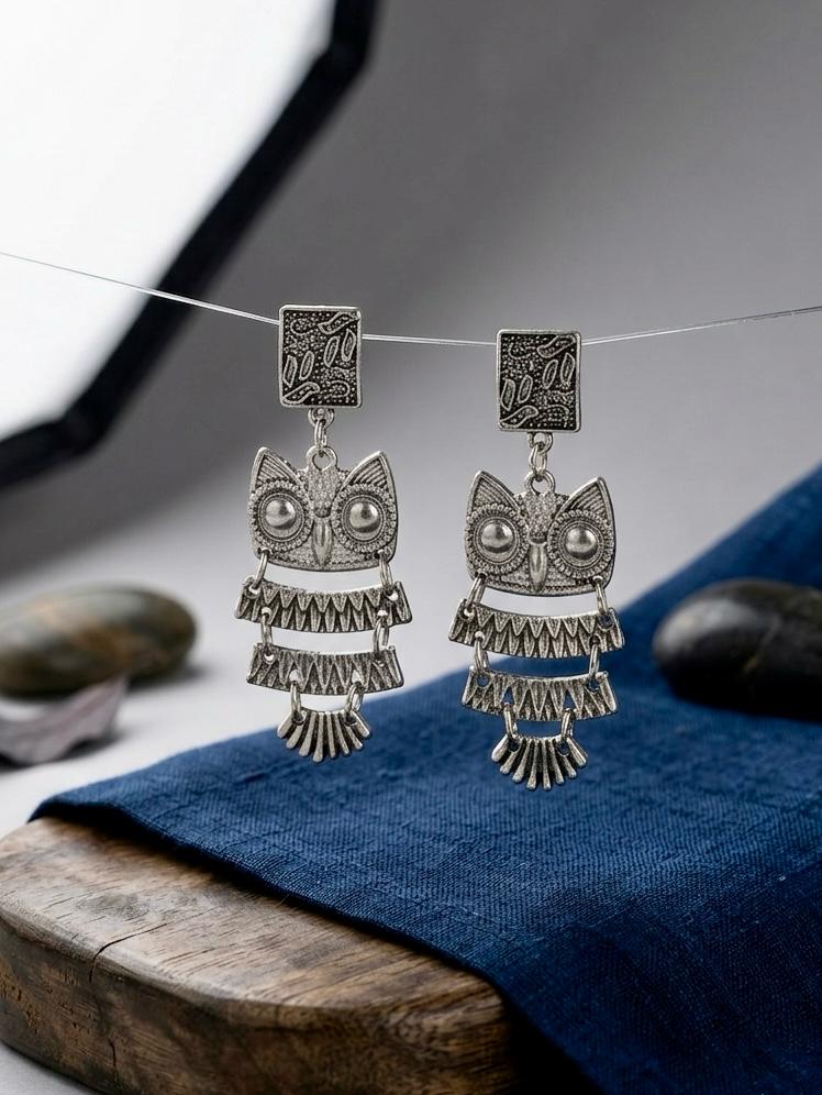 Ulooka Oxidised Silver Owl Motif Statement Earrings