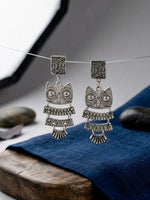 Ulooka Oxidised Silver Owl Motif Statement Earrings