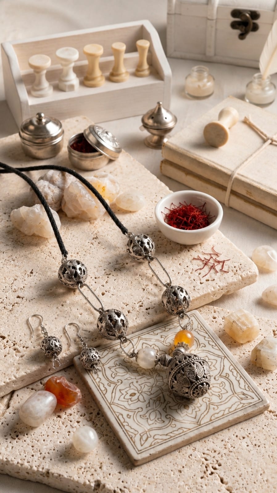 Oxidised Silver Filigree Dome Amber Bead Necklace