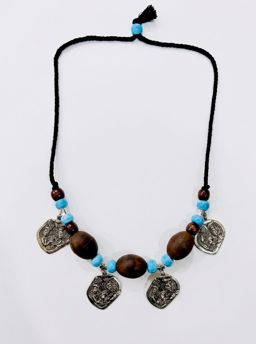 Afghan Oxidised Deity Shield Charm Wood Bead Necklace
