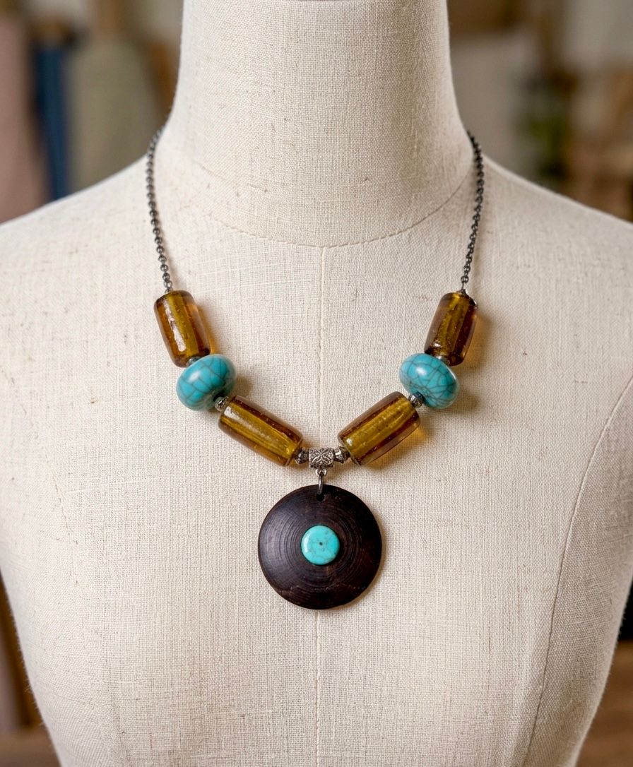 Dark Wood Disc Turquoise Stone Amber Glass Bead Necklace