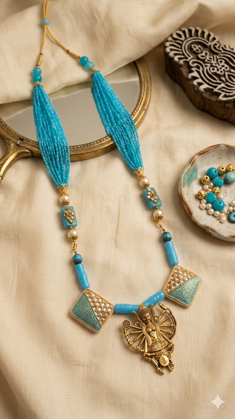 Turquoise Meenakari Durga Gold Bead Necklace