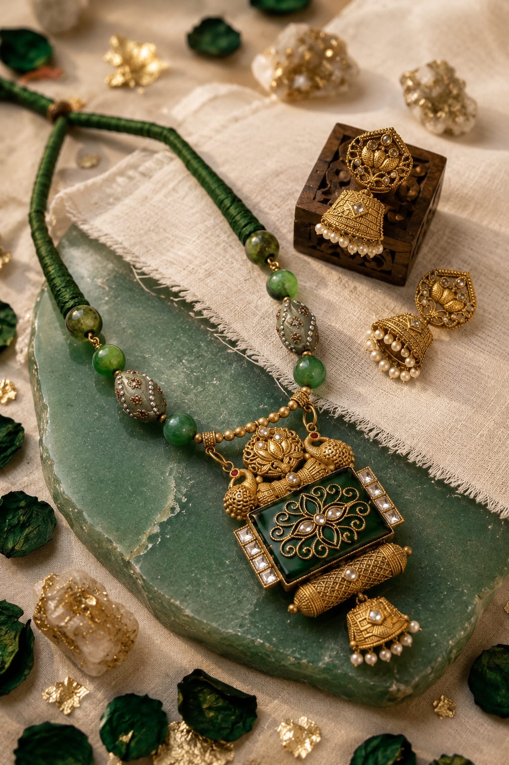 Kundan Green Jade Lotus Gold Temple Necklace