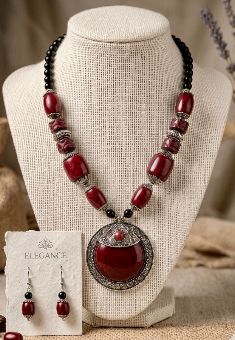 Tibetan Ruby Chunky Bead Moon Pendant Necklace
