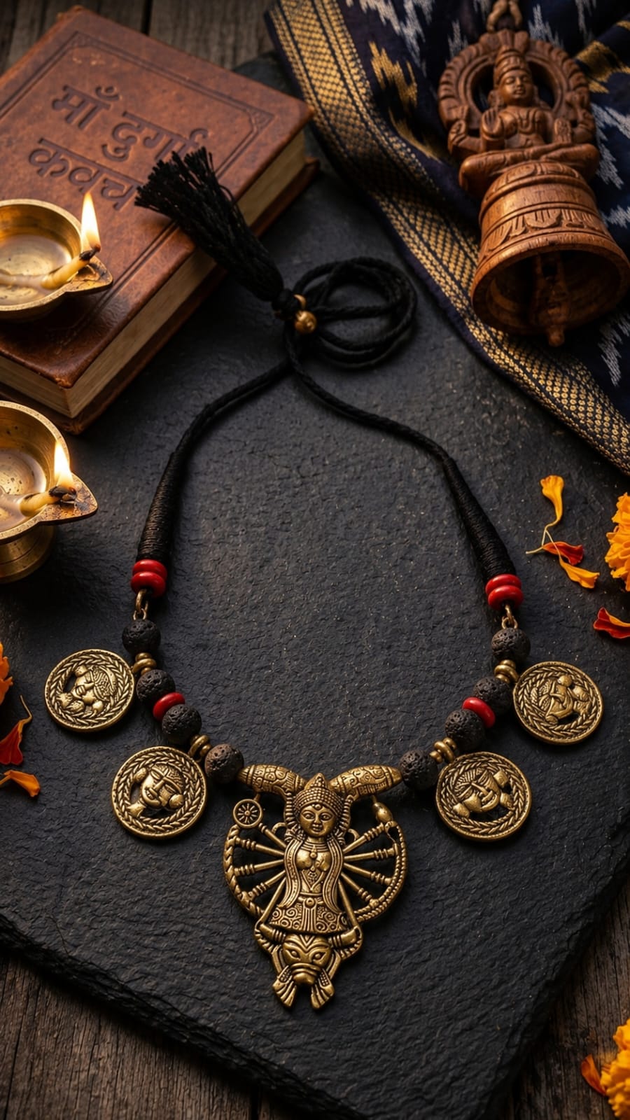 Brass Durga Deity Coin Lava Bead Necklace