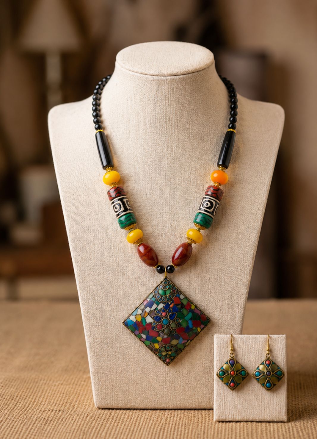 Tibetan Mosaic Diamond Pendant Multicolour Bead Necklace