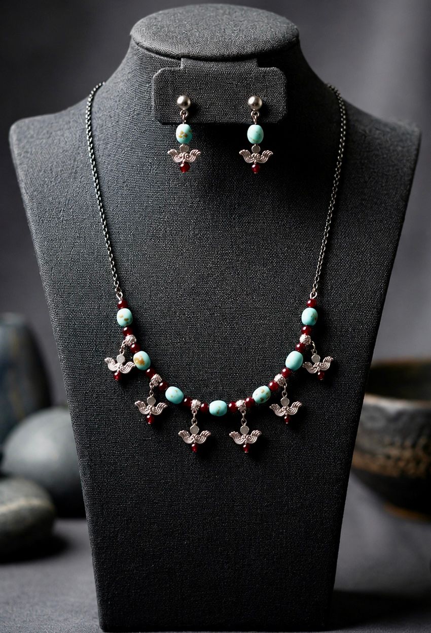Oxidised Lotus Charm Turquoise Bead Necklace