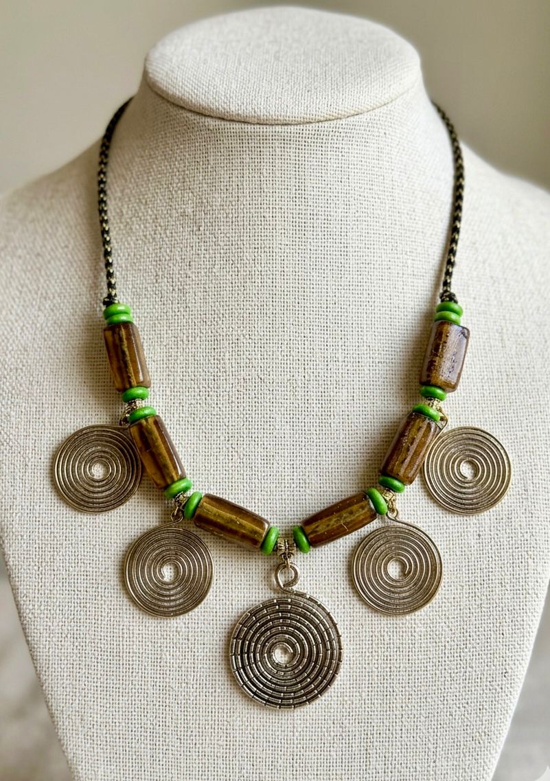 Brass Spiral Disc Dark Wood Bead Necklace