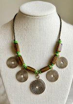 Brass Spiral Disc Dark Wood Bead Necklace