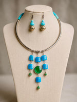 Neelakshi Blue Glass Silver Torque Choker Necklace Set for Women