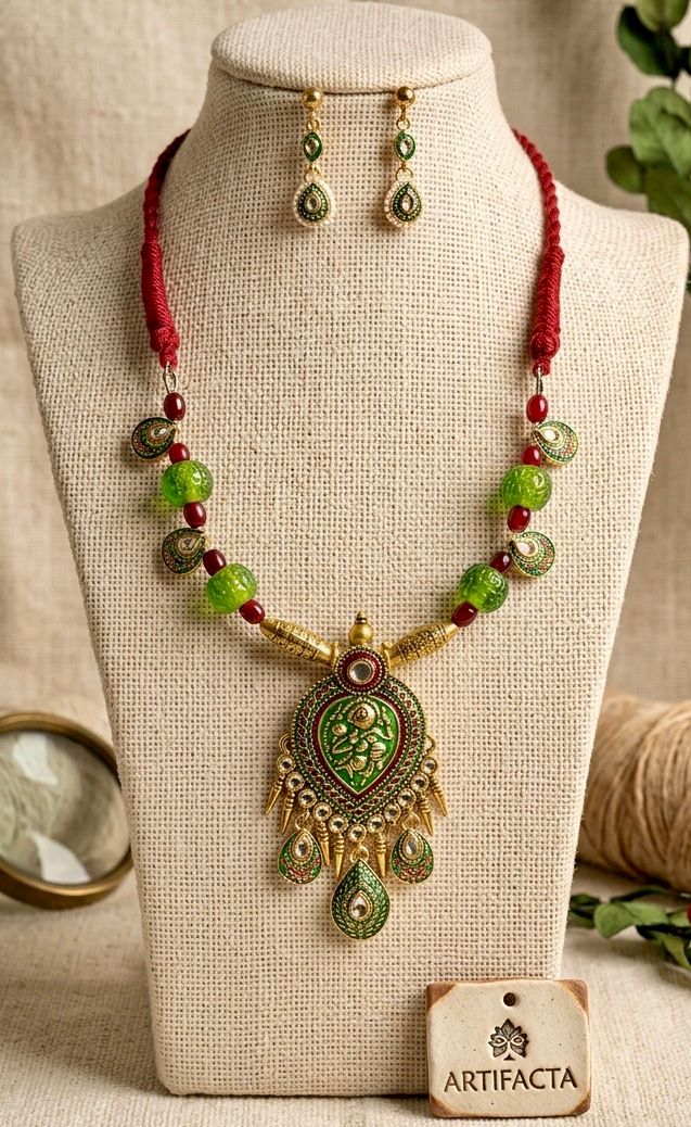 Meenakari Green Enamel Kundan Teardrop Necklace
