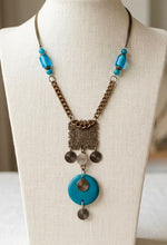 Antique Brass Filigree Square Turquoise Disc Long Necklace