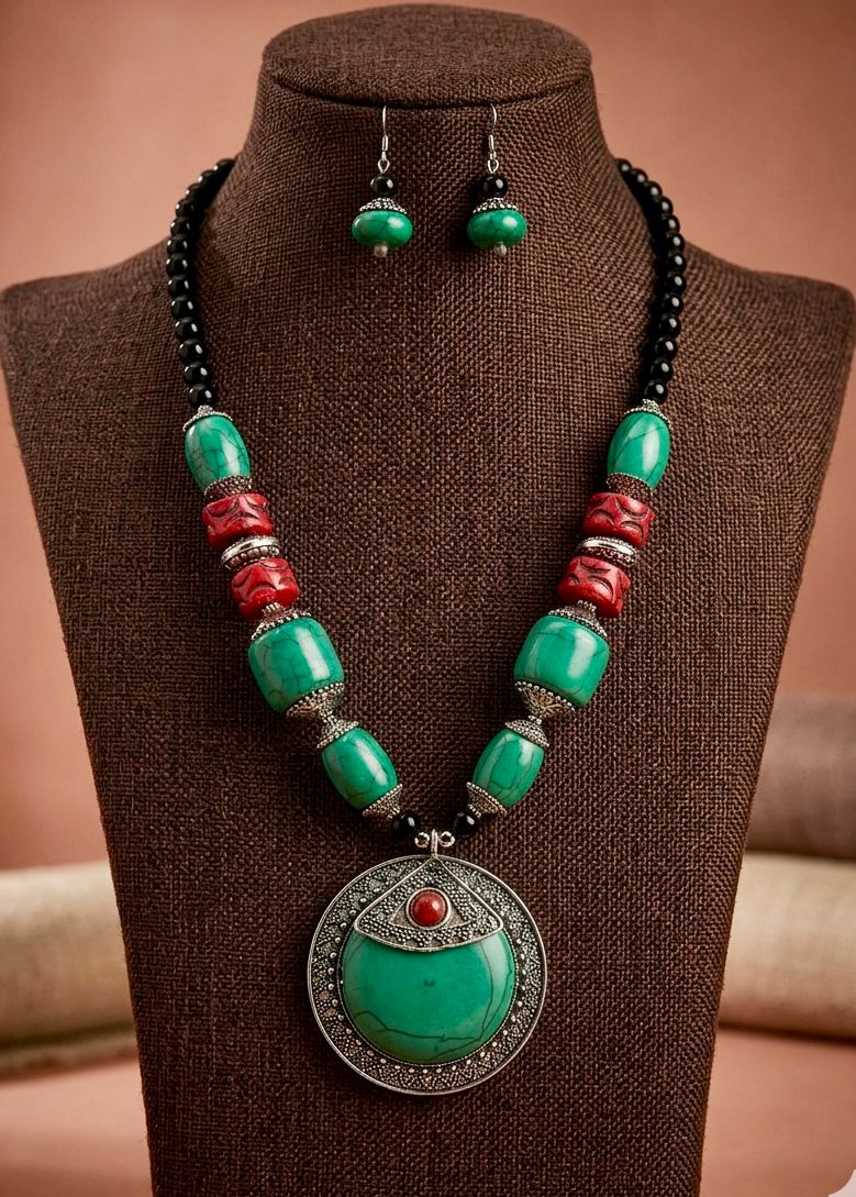 Tibetan Emerald Green Chunky Bead Moon Pendant Necklace