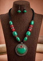 Tibetan Emerald Green Chunky Bead Moon Pendant Necklace