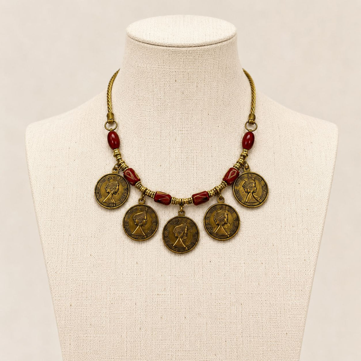 Antique Brass Queen Coin Red Bead Necklace