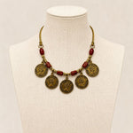 Antique Brass Queen Coin Red Bead Necklace