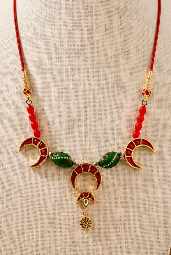 Chandrika Antique Gold Red Green Crescent Statement Necklace for Women