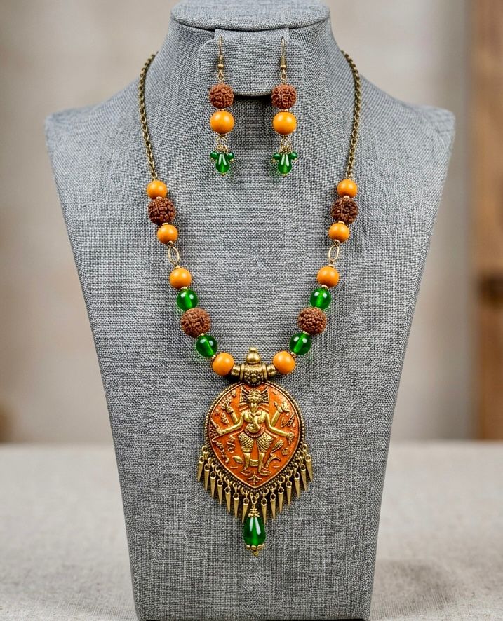 Brass Dancing Ganesha Terracotta Rudraksha Bead Necklace
