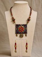 Banjara Red Enamel Square Pendant Tribal Necklace Set for Women