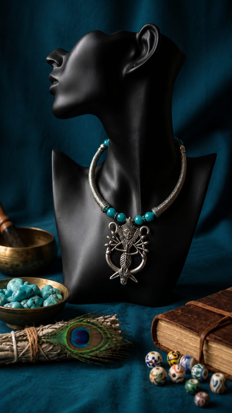 Oxidised Durga Warrior Torque Teal Bead Necklace