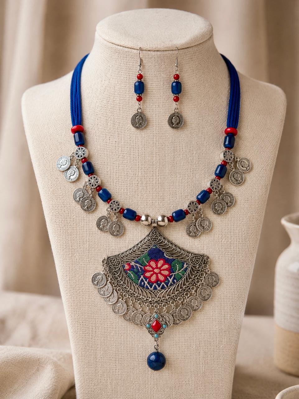 Sahiba Afghan Blue Thread Pendant Necklace Set