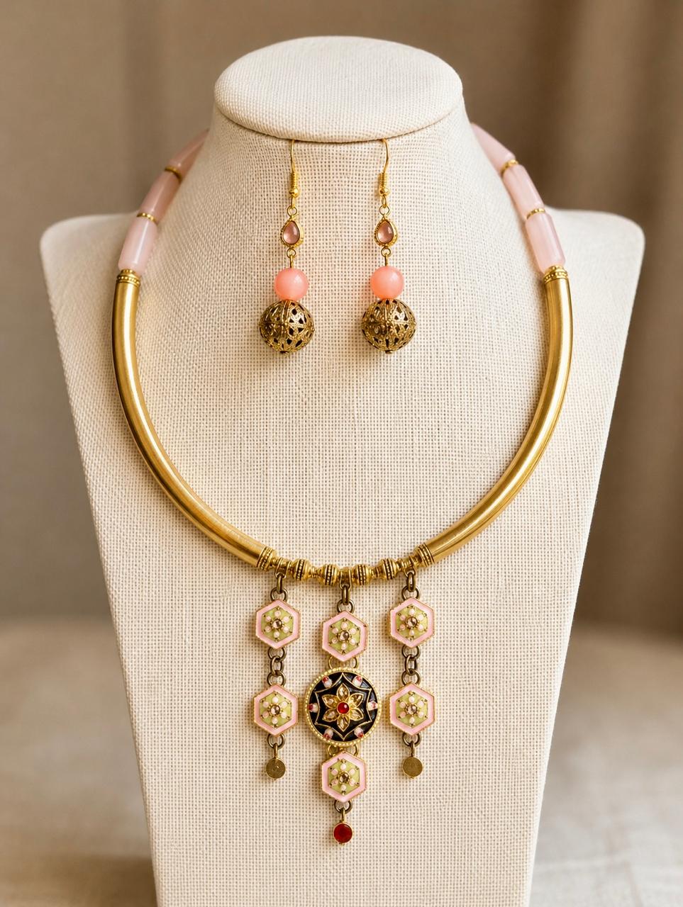 Anaya Antique Gold Enamel Rosette Torque Choker Necklace Set for Women