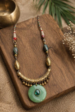 Rabia Green Disc Antique Gold Pendant Necklace