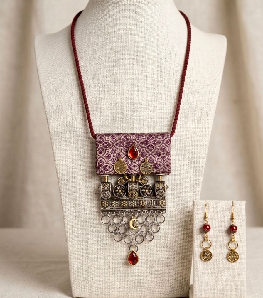 Fabric Tile Antique Gold Flower Ghungroo Necklace