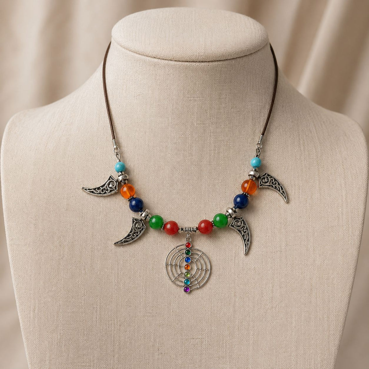 7 Chakra Dreamcatcher Silver Crescent Necklace