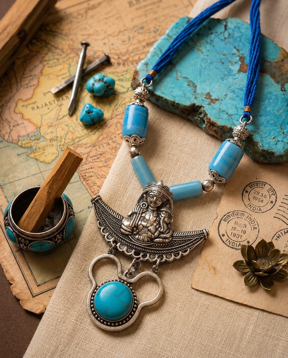 Oxidised Lakshmi Turquoise Barrel Bead Necklace