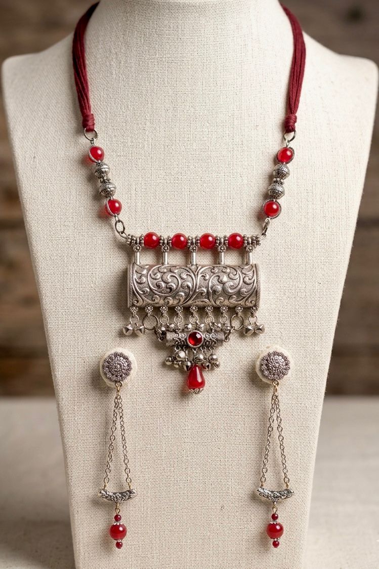 Oxidised Cylinder Amulet Coral Bead Tassel Necklace