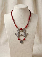 Oxidised Silver Fleur Crescent Coral Bead Necklace