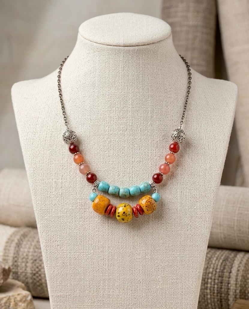 Farah Two-Layer Turquoise & Coral Bead Necklace Set