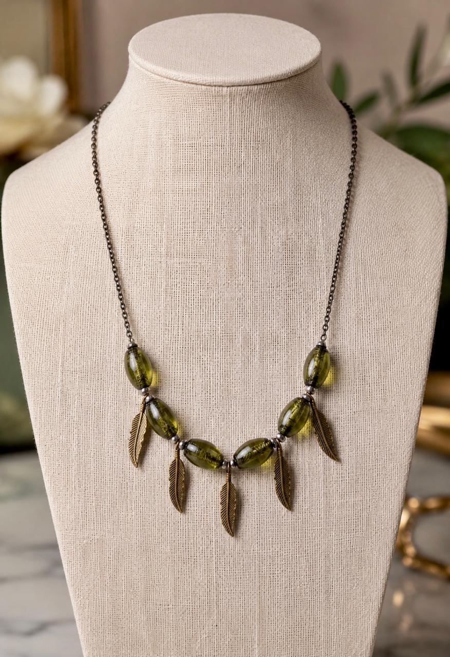 Olive Grove Glass & Feather Necklace