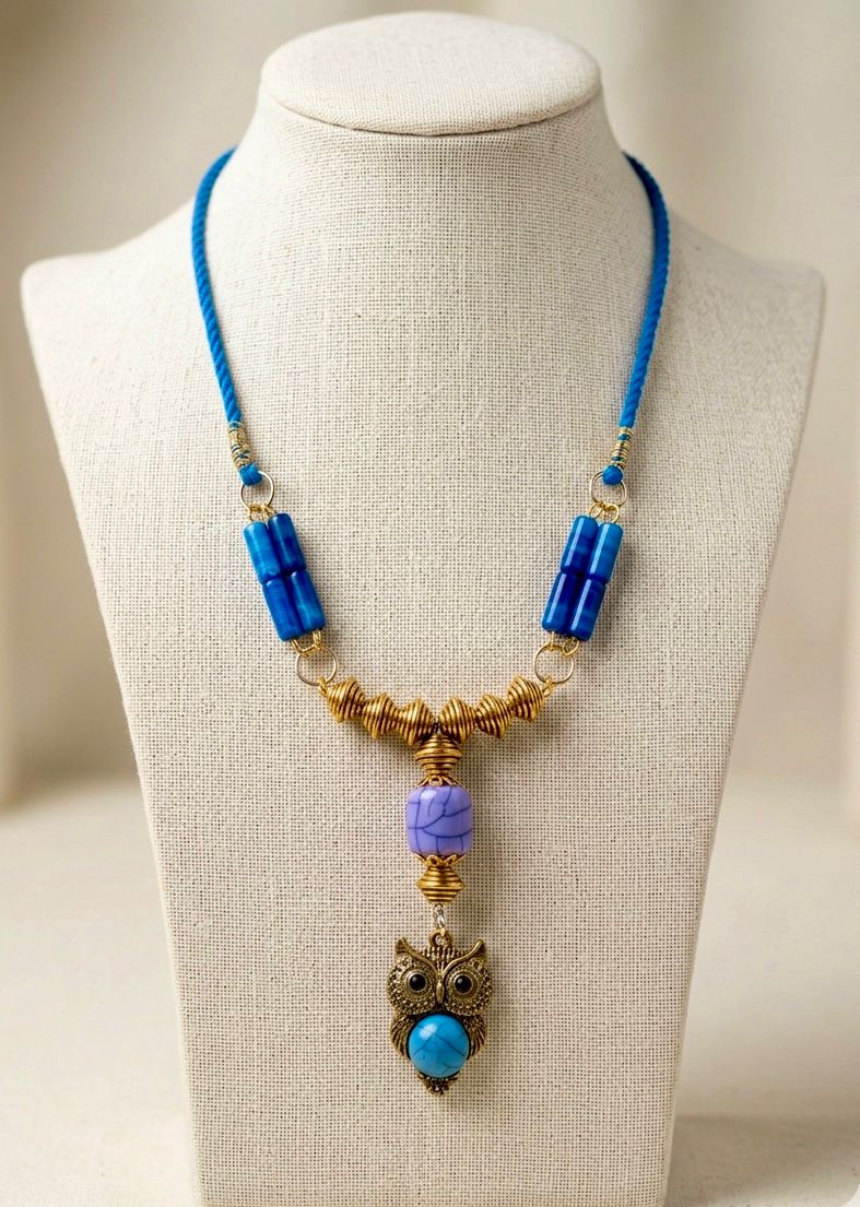 Antique Brass Owl Lapis Blue Bead Necklace