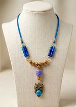 Antique Brass Owl Lapis Blue Bead Necklace