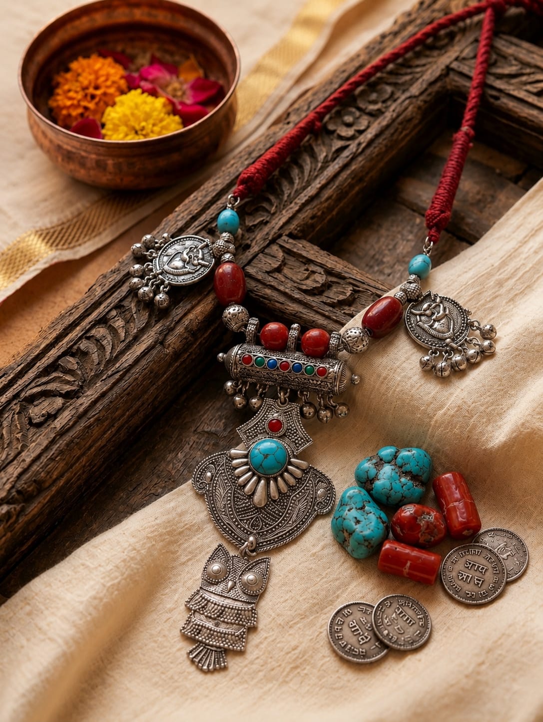 Afghan Tribal Owl Amulet Multistone Necklace