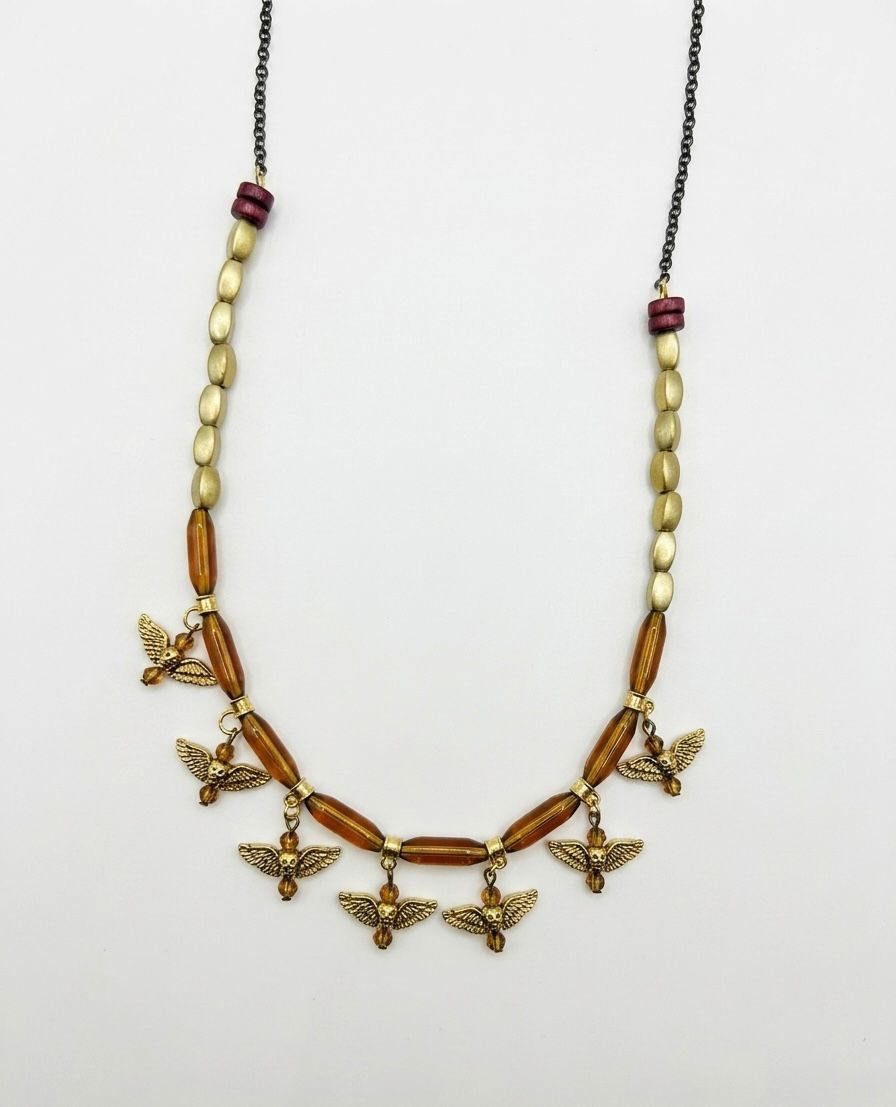 Antique Brass Eagle Bird Fringe Amber Bead Necklace