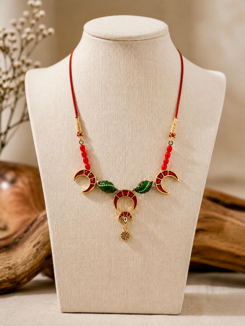 Chandrika Antique Gold Red Green Crescent Statement Necklace for Women