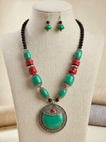 Tibetan Emerald Green Chunky Bead Moon Pendant Necklace