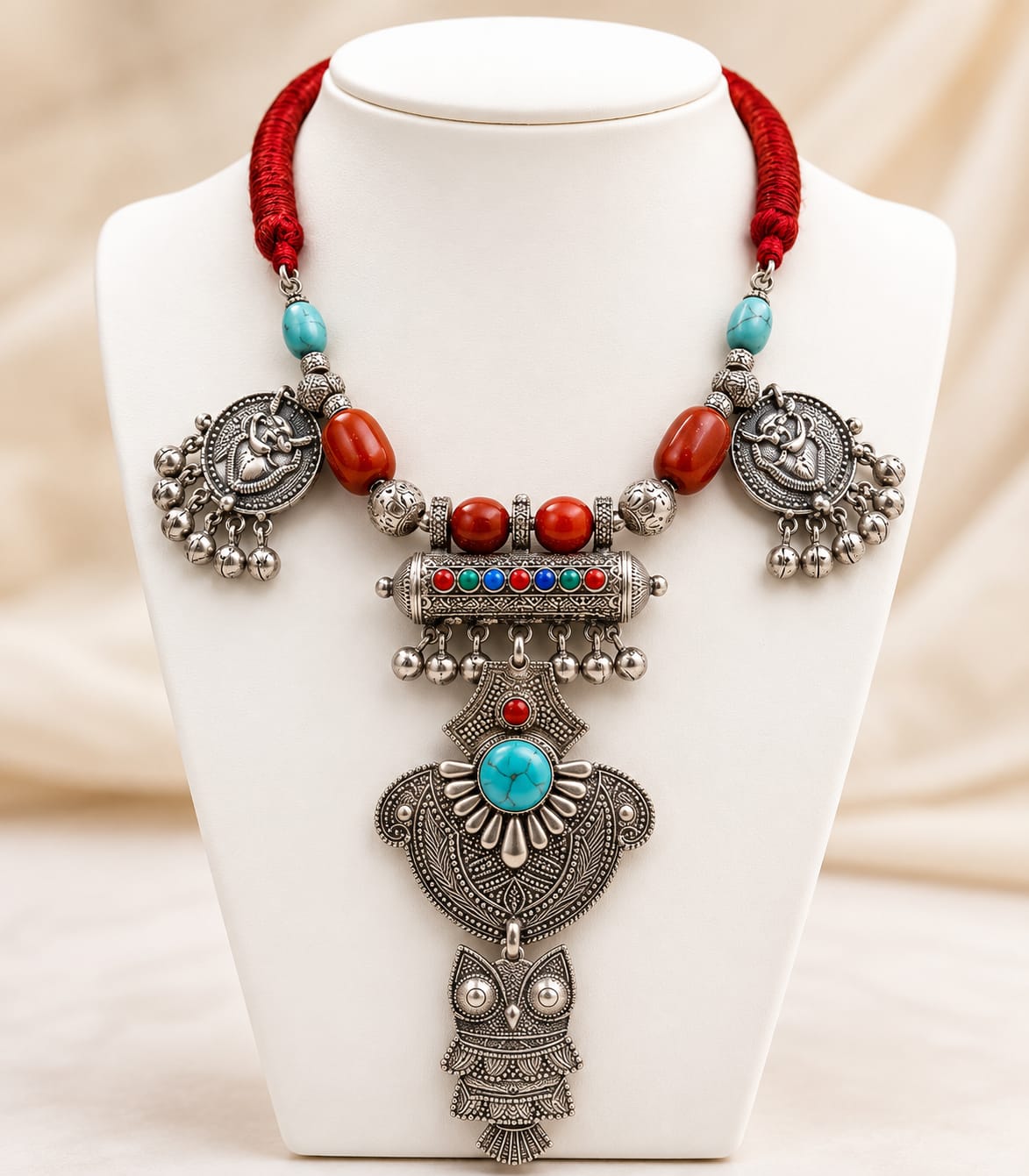 Afghan Tribal Owl Amulet Multistone Necklace