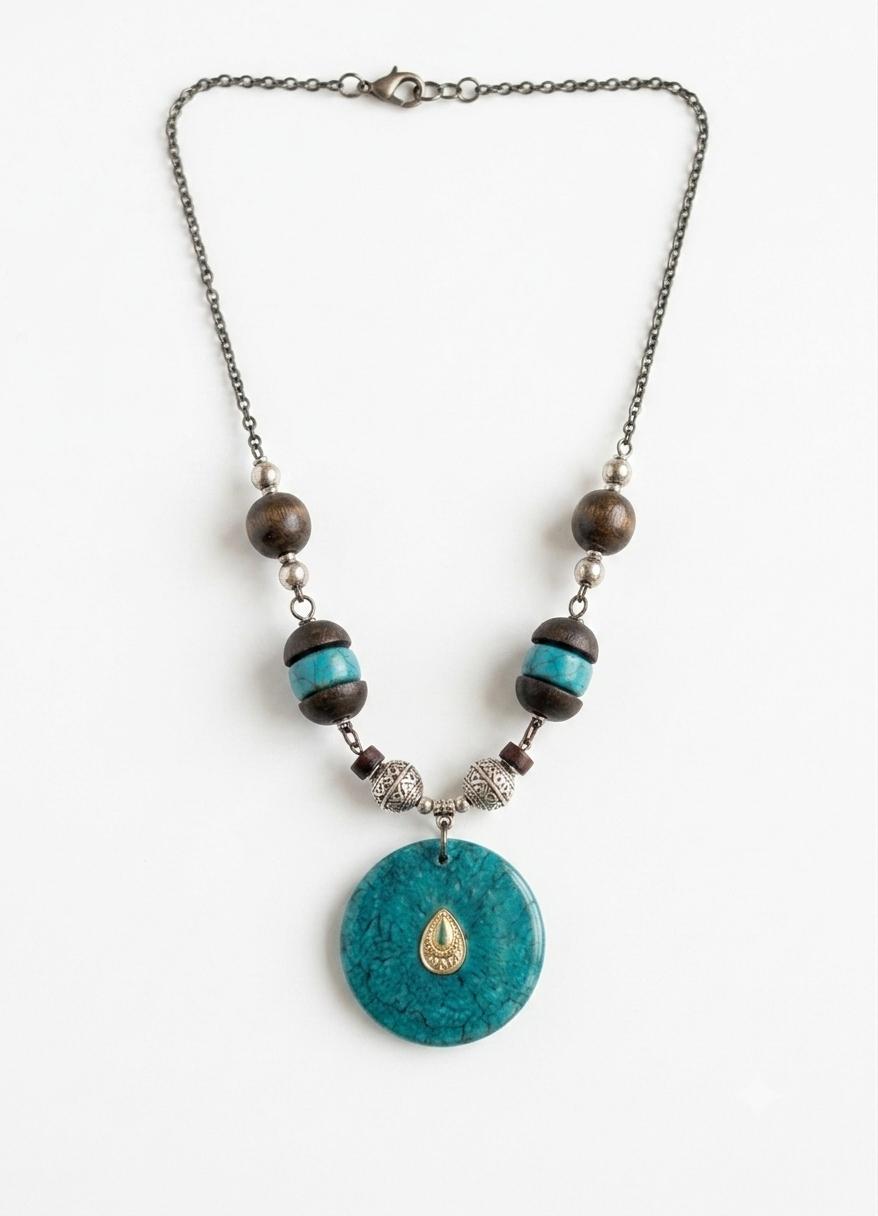 Nilaya Turquoise Medallion Wood Bead Long Tribal Necklace for Women