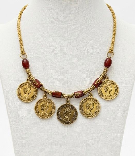 Antique Brass Queen Coin Red Bead Necklace