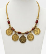 Antique Brass Queen Coin Red Bead Necklace