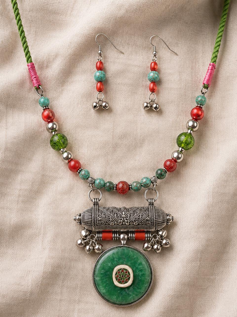 Meher Silver Multicolour Amulet Pendant Necklace Set