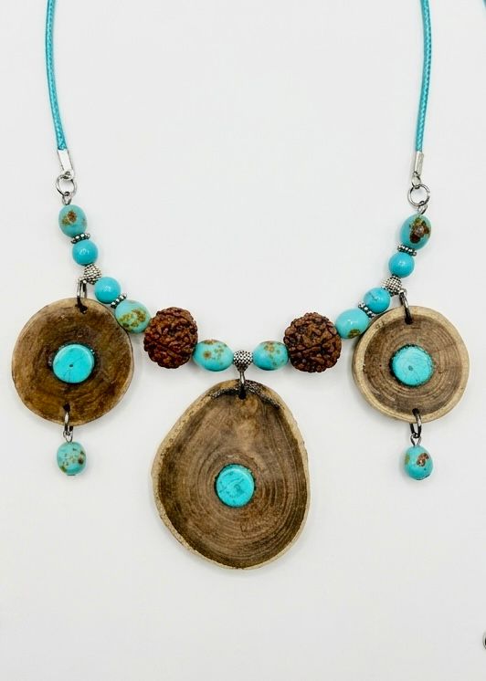 Tibetan Wood Ring Turquoise Rudraksha Bead Necklace
