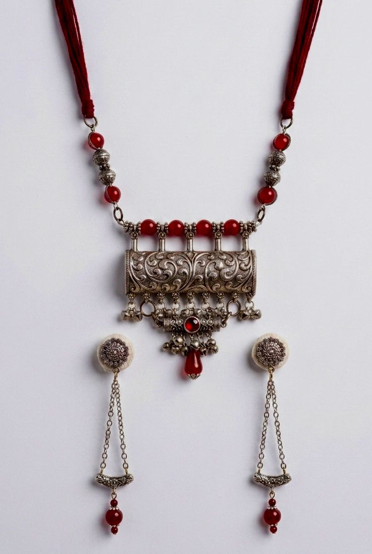 Oxidised Cylinder Amulet Coral Bead Tassel Necklace