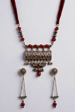 Oxidised Cylinder Amulet Coral Bead Tassel Necklace